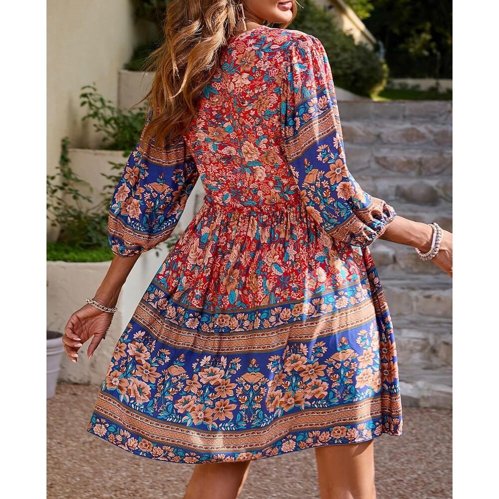 BTFBM Boho Floral Babydoll Dress XL Casual Flowy Summer Spring Vacation Red - Picture 2 of 9